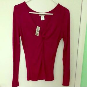 Magenta Long Sleeve V-Neck with Knotted Front